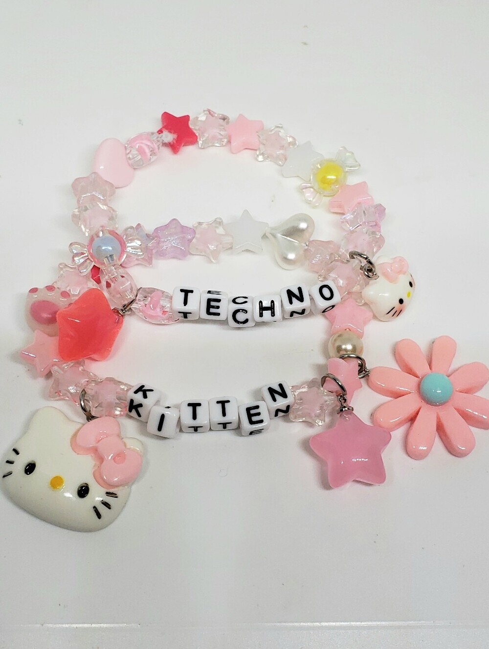 Handmade Pink Kawaii Hello Kitty Techno Kitten Charm Stackable Kandi Bracelets